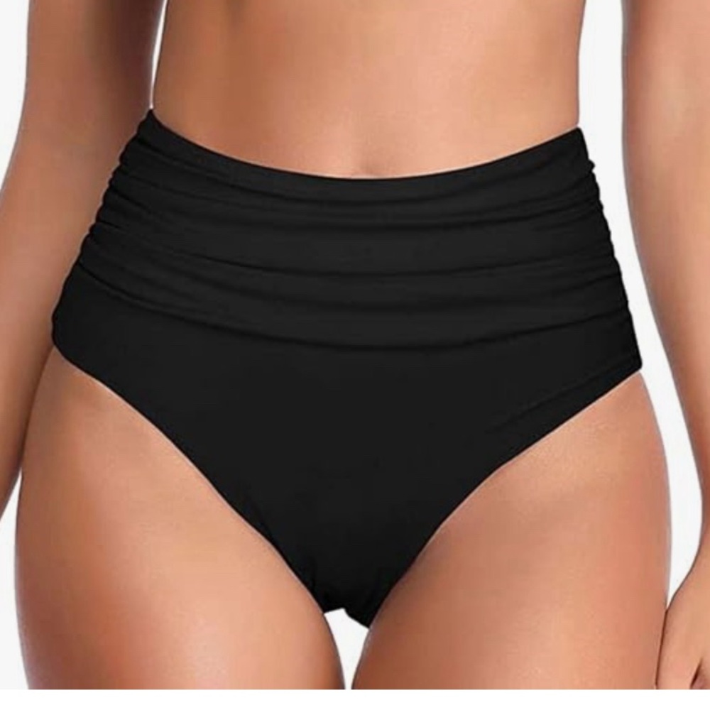 Bikini Bottom High Waisted Ruched Full Coverage Flattering Black XXL